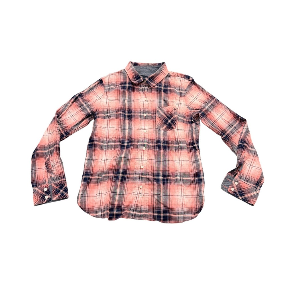 Tommy Hilfiger Plaid Button Down Shirt Womens Small Coral Pink Navy Long Sleeve